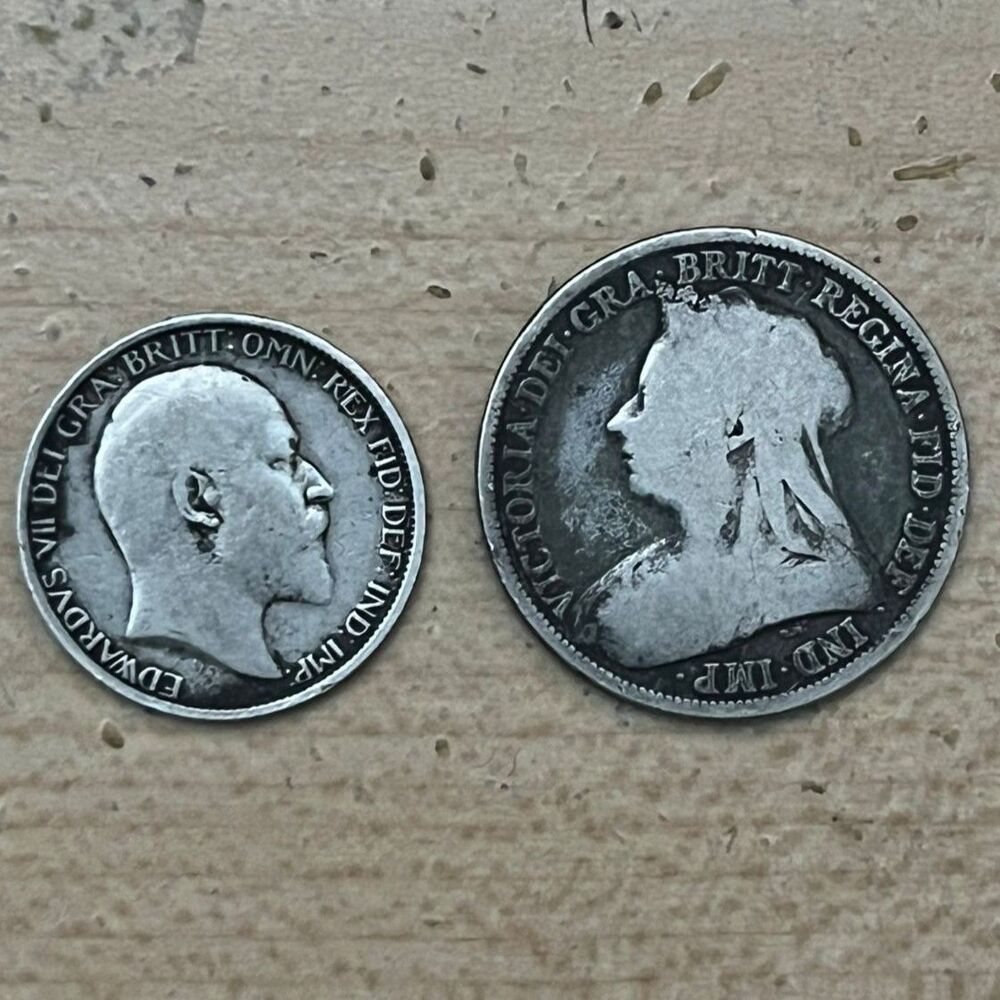 1897 Victoria Shilling & 1910 Edward VII Sixpence British Silver Coin Lot